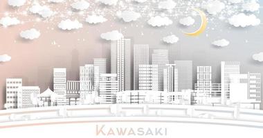 Kawasaki Japan City Skyline in Paper Cut Style with White Buildings, Moon and Neon Garland.
