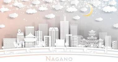 Nagano Japan City Skyline in Paper Cut Style with White Buildings, Moon and Neon Garland. vector