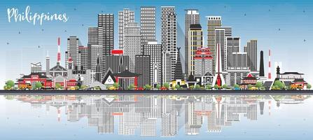 Philippines City Skyline with Gray Buildings, Blue Sky and Reflections. vector