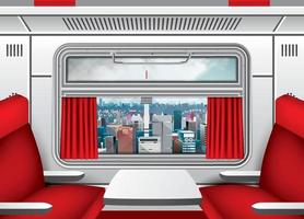 Interior of Train Wagon with Window, Red Curtains and Seats with Table. City Skyline. Train Travel. vector