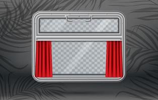 Train Window with Red Curtain and Copy Space on Palm Leaves Background. Window with Handle.