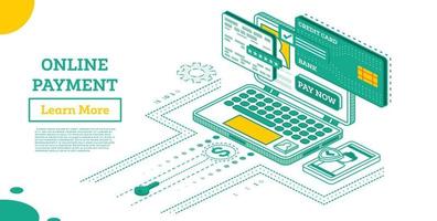 Online Outline Payment with Laptop Computer Isometric Illustration Concept. vector