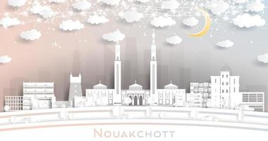 Nouakchott Mauritania City Skyline in Paper Cut Style with White Buildings, Moon and Neon Garland. vector