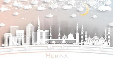 horizonte de la ciudad de medina arabia saudita en estilo de corte de papel con edificios blancos, luna y guirnalda de neón. vector