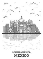 delinear el horizonte de la ciudad de México con edificios históricos y reflejos aislados en blanco. vector