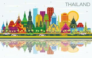 Thailand City Skyline with Color Buildings, Blue Sky and Reflections. vector