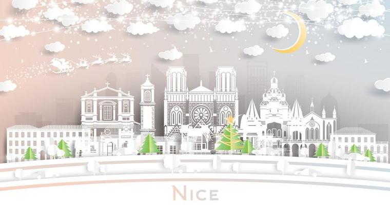 Nice France City Skyline in Paper Cut Style with Snowflakes, Moon and Neon Garland.
