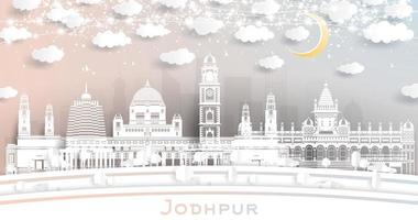 horizonte de la ciudad de jodhpur india en estilo de corte de papel con edificios blancos, luna y guirnalda de neón. vector