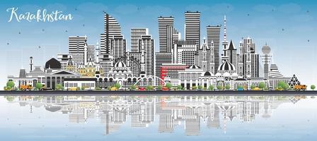 Kazakhstan City Skyline with Gray Buildings, Blue Sky and Reflections. vector