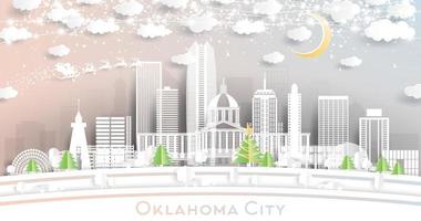 Oklahoma City City Skyline in Paper Cut Style with Snowflakes, Moon and Neon Garland. vector