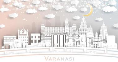 horizonte de la ciudad de varanasi india en estilo de corte de papel con edificios blancos, luna y guirnalda de neón. vector