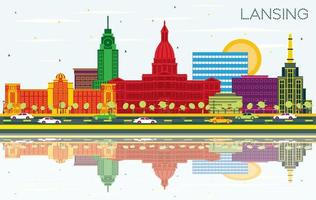 Lansing Michigan City Skyline with Color Buildings, Blue Sky and Reflections. vector