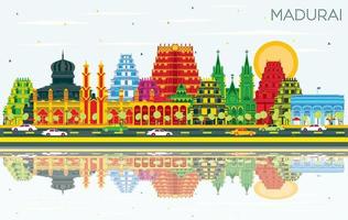 Madurai India City Skyline with Color Buildings, Blue Sky and Reflections. vector