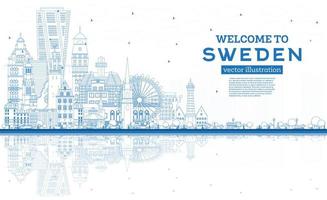 Welcome to Sweden. Outline City Skyline with Blue Buildings and Reflections. vector