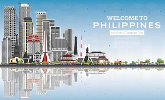 Welcome to Philippines City Skyline with Gray Buildings, Blue Sky and Reflections. vector