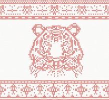 Knitted Tiger. Seamless Pattern in Red Color. vector
