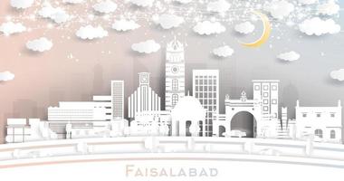 el horizonte de la ciudad de faisalabad pakistán en estilo de corte de papel con edificios blancos, luna y guirnaldas de neón. vector