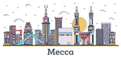 Outline Mecca Saudi Arabia City Skyline with Colored Historic Buildings Isolated on White. vector