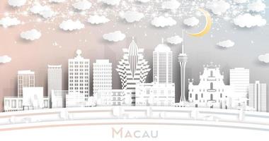 Macau China City Skyline in Paper Cut Style with White Buildings, Moon and Neon Garland. vector