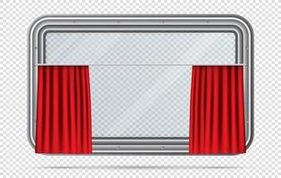 Train Window with Red Curtain on Checkered Background. Realistic View From Inside of Train. vector