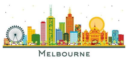 horizonte de la ciudad de melbourne, australia, con edificios de color aislados en blanco. vector