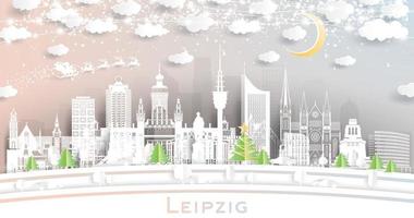 horizonte de la ciudad de leipzig alemania en estilo de corte de papel con copos de nieve, luna y guirnalda de neón. vector
