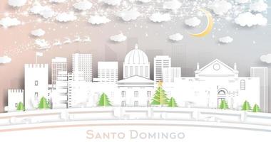 horizonte de la ciudad de santo domingo república dominicana en estilo de corte de papel con copos de nieve, luna y guirnalda de neón. vector