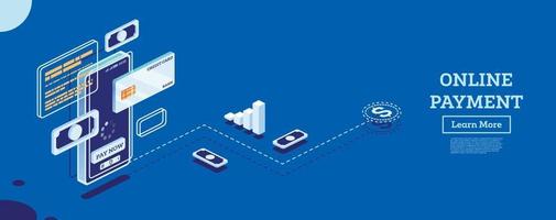 Online Payment with Mobile Phone. Isometric Concept. Online Shopping with Credit Card. vector