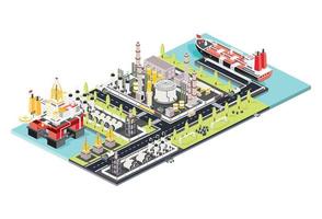 Refinery Plant. Isometric Oil Tank Farm. Offshore Oil Rig. Maritime Port with Oil Tanker Moored at an Oil Storage Silo Terminal. vector