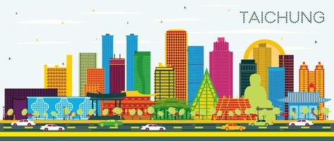 Taichung Taiwan City Skyline with Color Buildings and Blue Sky. vector