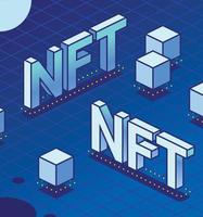 NFT isométrica. tecnología de cadena de bloques. dos palabras con cubos. vector