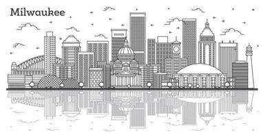 Outline Milwaukee Wisconsin City Skyline with Reflections and Modern Buildings Isolated on White. vector