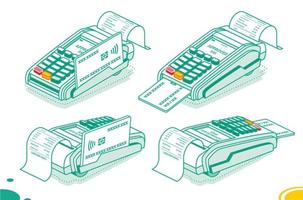 Isometric POS Terminal with Credit Card and Cash Receipt Isolated on White Background. vector