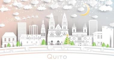 horizonte de la ciudad de quito ecuador en estilo de corte de papel con copos de nieve, luna y guirnalda de neón. vector