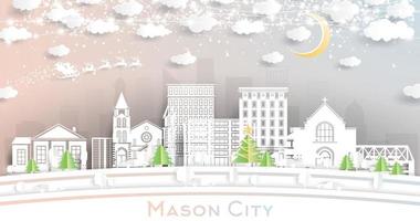 Mason City Iowa City Skyline in Paper Cut Style with Snowflakes, Moon and Neon Garland. vector