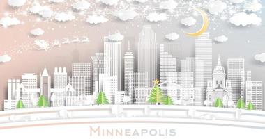 horizonte de la ciudad de minneapolis minnesota en estilo de corte de papel con copos de nieve, luna y guirnalda de neón. vector