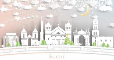 Sucre Bolivia City Skyline in Paper Cut Style with Snowflakes, Moon and Neon Garland. vector