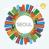 Seoul South Korea City Skyline with Color Buildings, Blue Sky and Copy Space. vector