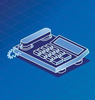 Isometric Landline Phone. Outline Telephone Blue Background. vector