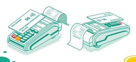 terminal pos isométrica con recibo de efectivo aislado sobre fondo blanco. máquina de pago vector