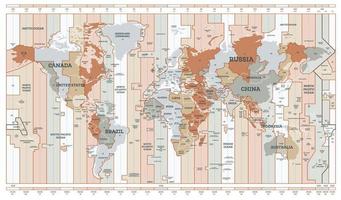 Time Zone Map. Detailed World Map with Countries Names. vector