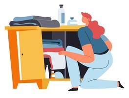 Housewife busy with housework, woman with clothes vector