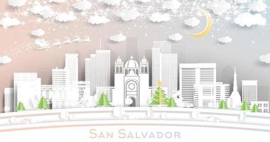 horizonte de la ciudad de san salvador en estilo de corte de papel con copos de nieve, luna y guirnalda de neón. vector