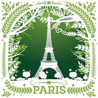 Greeting Card with Eiffel Tower in Paris. Template with Leaves for Laser Cutting. vector