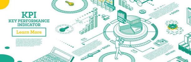 KPI Key Performance Indicator. Isometric Concept of Business Performance Strategy and Analysis. vector