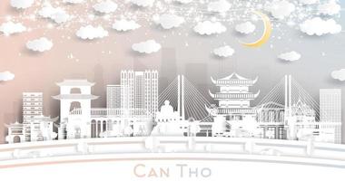 Can Tho Vietnam City Skyline in Paper Cut Style with White Buildings, Moon and Neon Garland. vector