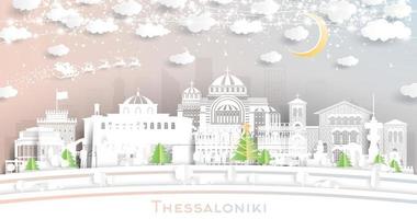 Thessaloniki Greece. Winter City Skyline in Paper Cut Style with Snowflakes, Moon and Neon Garland. vector