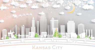 Kansas City Missouri Skyline in Paper Cut Style with Snowflakes, Moon and Neon Garland. vector