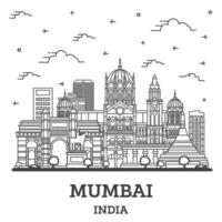 delinear el horizonte de la ciudad de mumbai india con edificios históricos aislados en blanco. vector