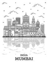 Outline Mumbai India City Skyline with Historic Buildings and Reflections Isolated on White. vector